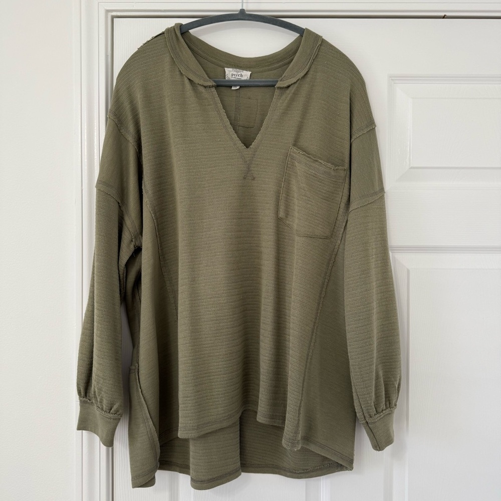 Perch by Blu Pepper Long Sleeve Oversized Boutique Top Army Green Size 1X